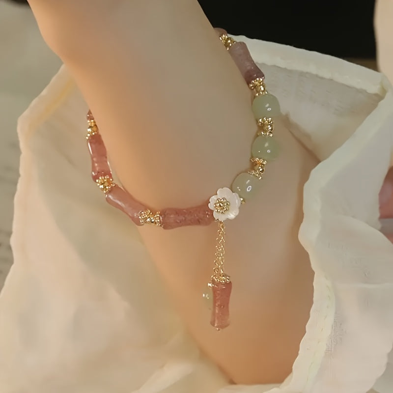 Vintage White & Golden Lotus Charm Bracelet - Faux Jade Beaded Jewelry for Mindful Living & Casual Elegance