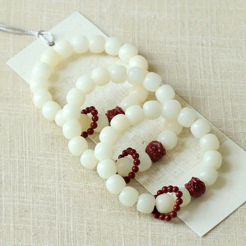 White Jade Bodhi Bead Bracelet with Red Buddha Charm — Serenity, Grounding & Spiritual Nourishment Energy