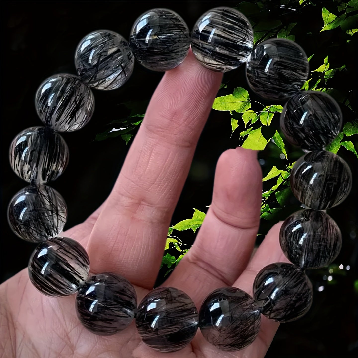 8/10/12mm Natural Black Hair Quartz Bracelet for Energy Protection & Grounding