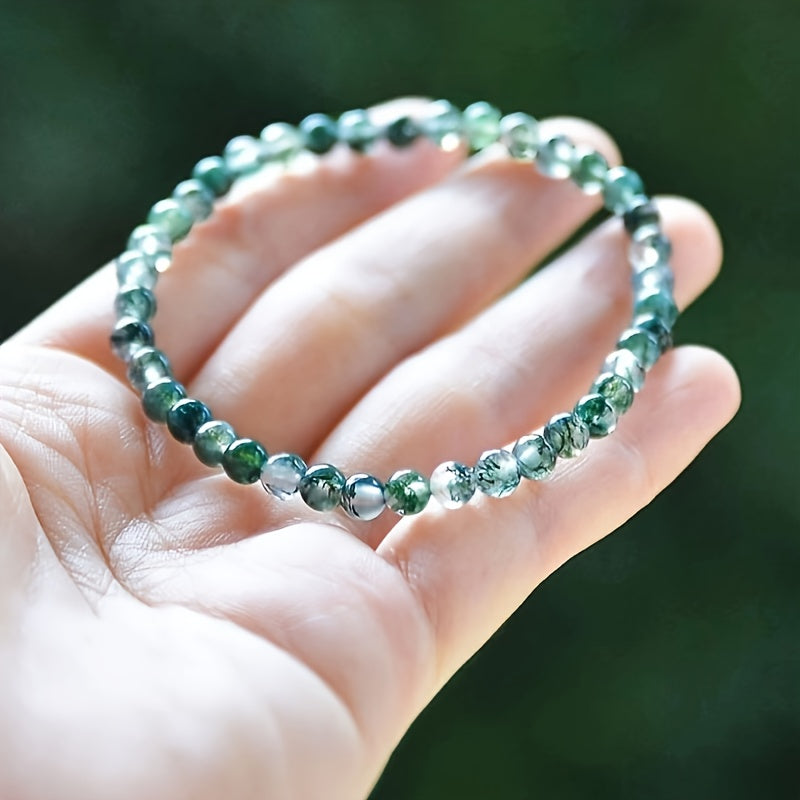 Moss Agate Beaded Stretch Bracelet - Elegant Green Stone for Daily Energy Balance & Gift-Giving