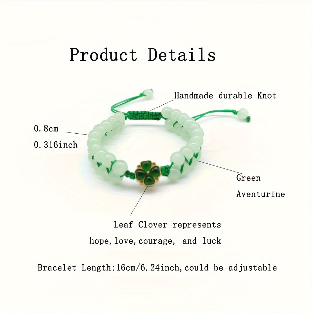 1pc Natural Green Aventurine Leaf Clover Beaded Bracelet - Unisex Stone Bracelet for Daily Wear & Holiday Decor with Energy Balancing