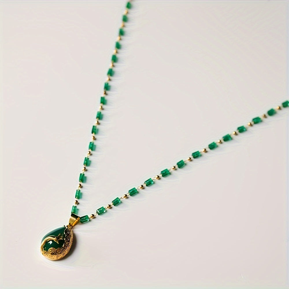 Elegant Peacock Pendant: Vintage Malachite Necklace for Prosperity & Spiritual Harmony