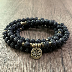 108 Beads Black Stone Mala Bracelet with Lotus Pendant - Energy Balancing & Protection for Daily Wear