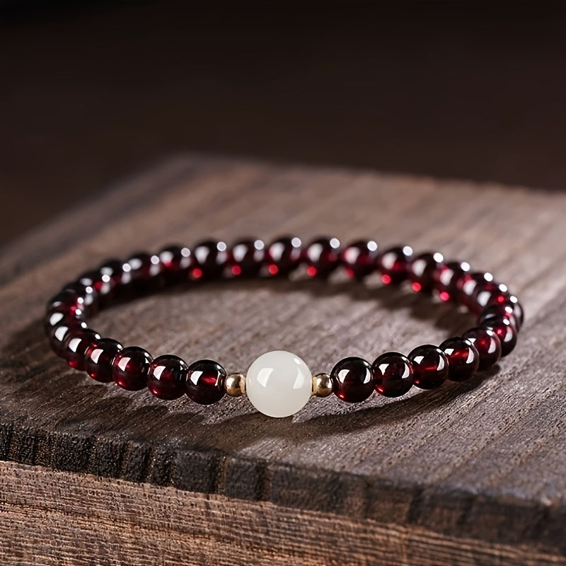 Vintage Garnet & White Bead Bracelet - Elegant Red Stone for Casual Wear & Holiday Gifting