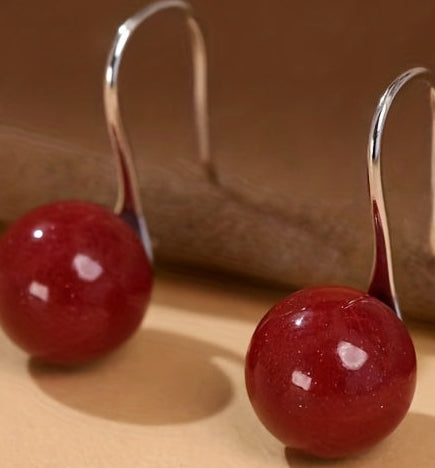 Cinnabar Earrings 925 Silver - 10mm Red Bead for Energy Balance & Protection - Traditional Chinese Jewelry