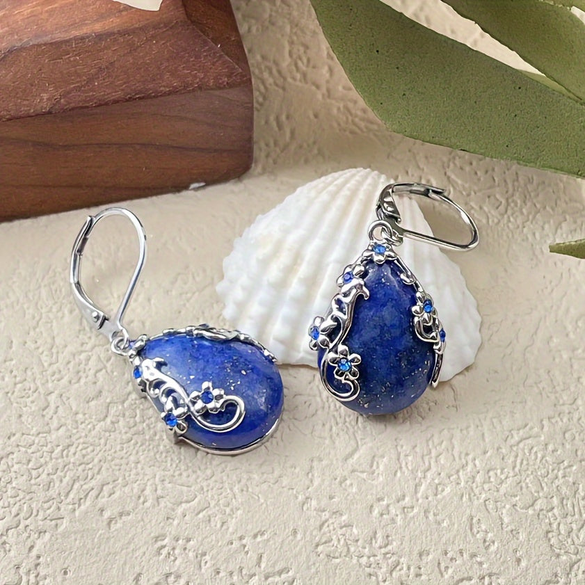 Natural Stone Lapis Lazuli Earrings - Blue Rhinestone Drops for Spiritual Clarity & Elegant Wear