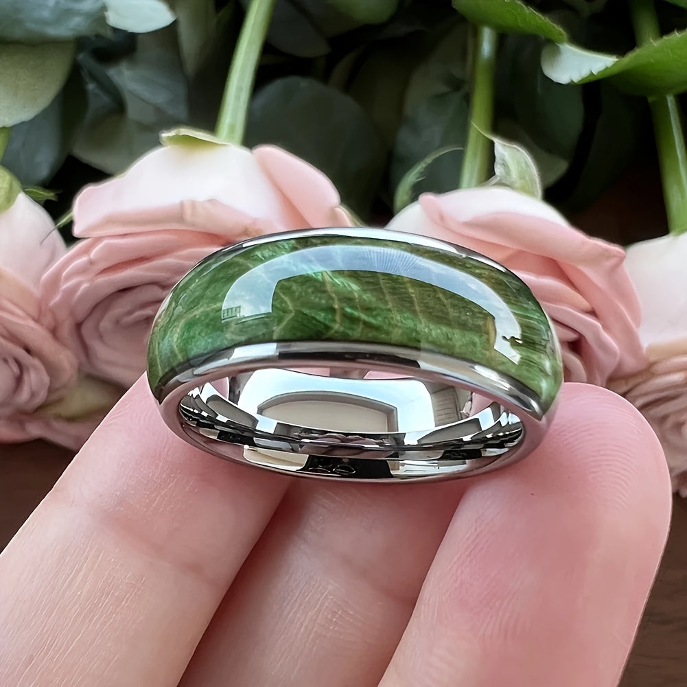 Bohemian Green Wood Inlay Stainless Steel Ring - Natural Energy & Protection