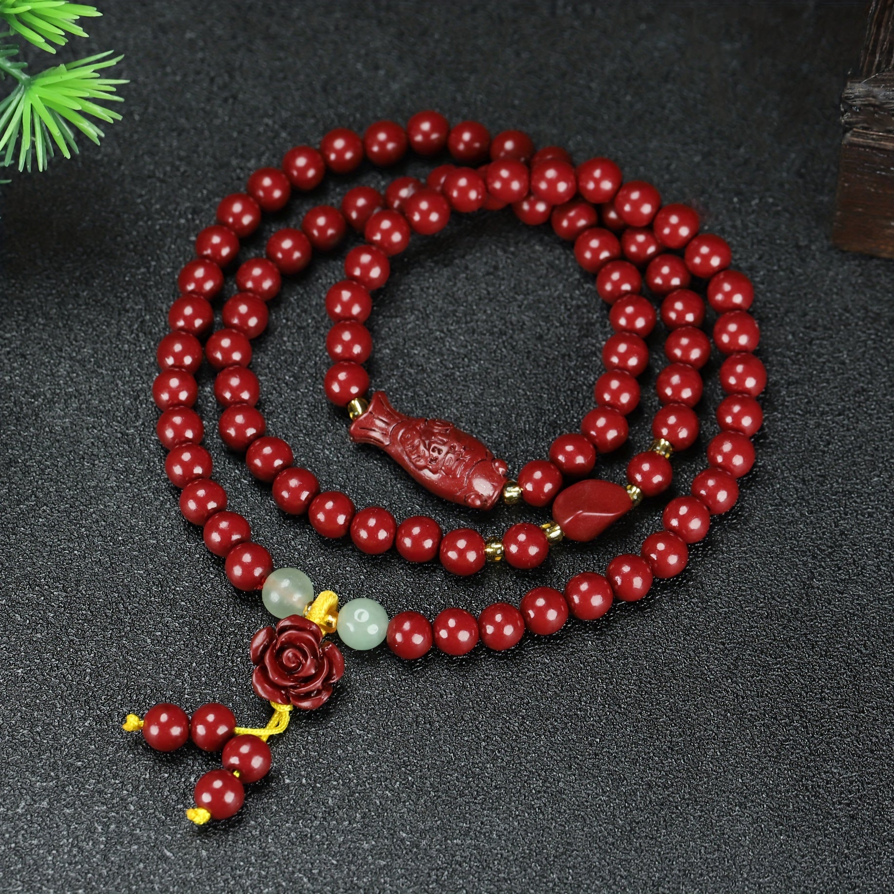 Red Cinnabar Beaded Bracelet for Women with Rose Charm | Grounding & Spiritual Protection