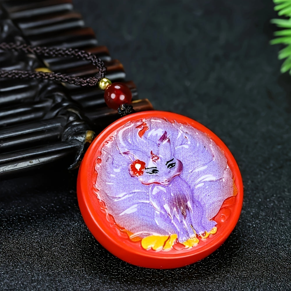Hand-Painted Cinnabar Nine-Tailed Fox Pendant for Prosperity & Love, Unisex Spiritual Amulet with Lotus Design