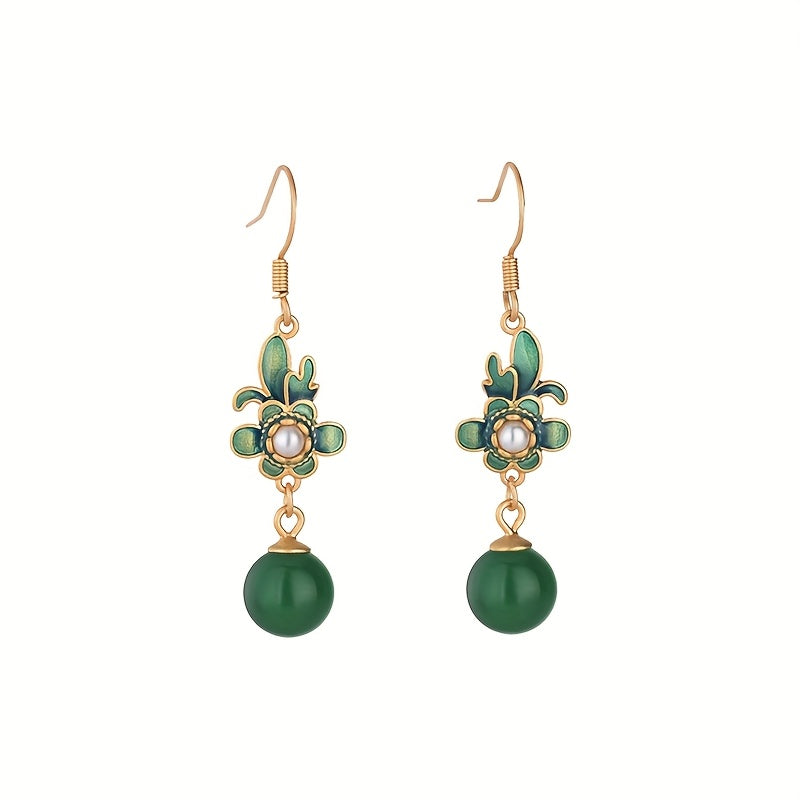 Golden-Plated Flower Earrings for Daily Dating Energy with and Dark Green Round Beads, Perfect for Daily Dating