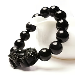 14mm Black Obsidian Bead Bracelet with Black Pixiu - Protection & Energy Talisman