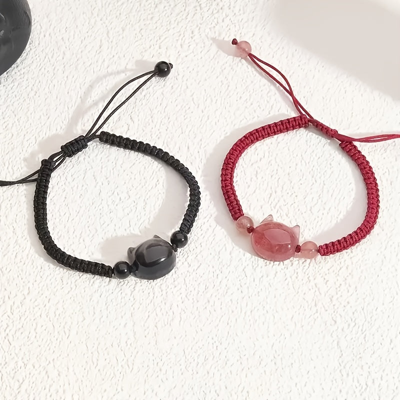 Adjustable Cat Charm Bracelet - Black & Red Beads with Pink Crystal for Harmony Energy