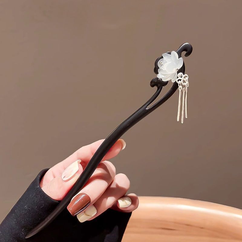 Chinese Lotus Hairpin with Black/Brown Fringe Tassel & White Lotus Flower - Elegant Traditional Hair Stick for Weddings & Prom - Vintage Asian Hair Accessories