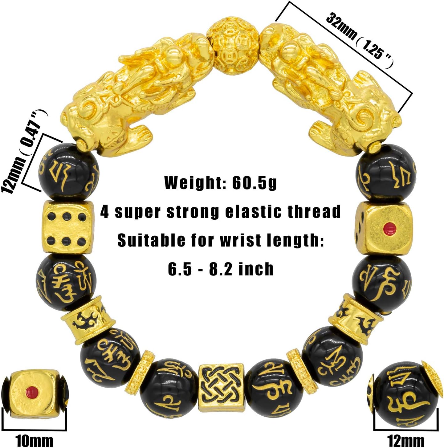 Feng Shui Bracelet Prosperity Double Pi Xiu Black Mantra Bead Bracelet with Golden Dice - Attract Wealth & Good Luck
