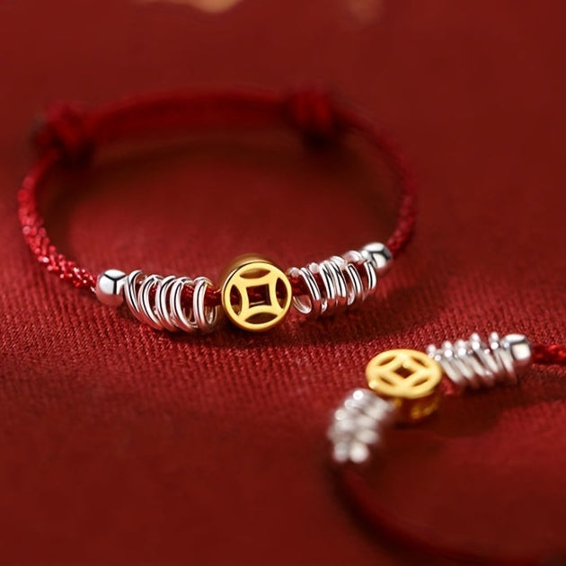 New Chinese Style S925 Silvery Handwoven Red Cord Bracelet - Money Copper Coin Design for Elegant National Style Ins Niche Design with Wealth Energy