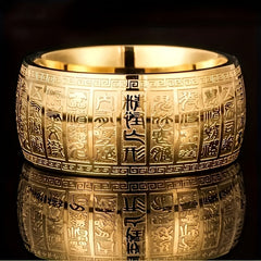 Luxurious Retro Tungsten Steel Ring with Golden Surface - Spiritual Energy & Prosperity Symbolism