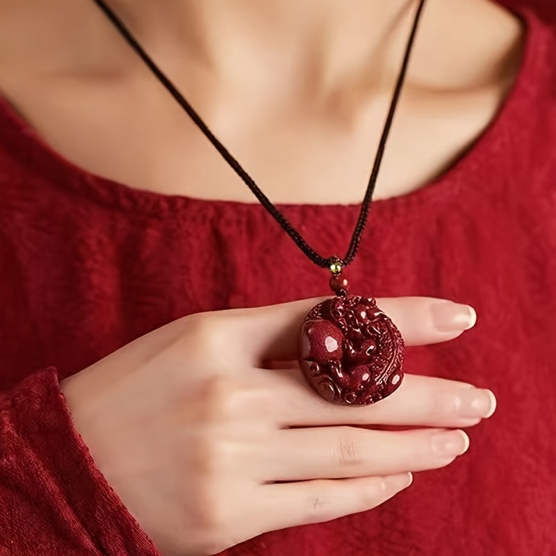 Elegant Red Cinnabar Pixiu Guardian Lion Pendant Necklace - Hand-Carved Wealth & Protection Amulet