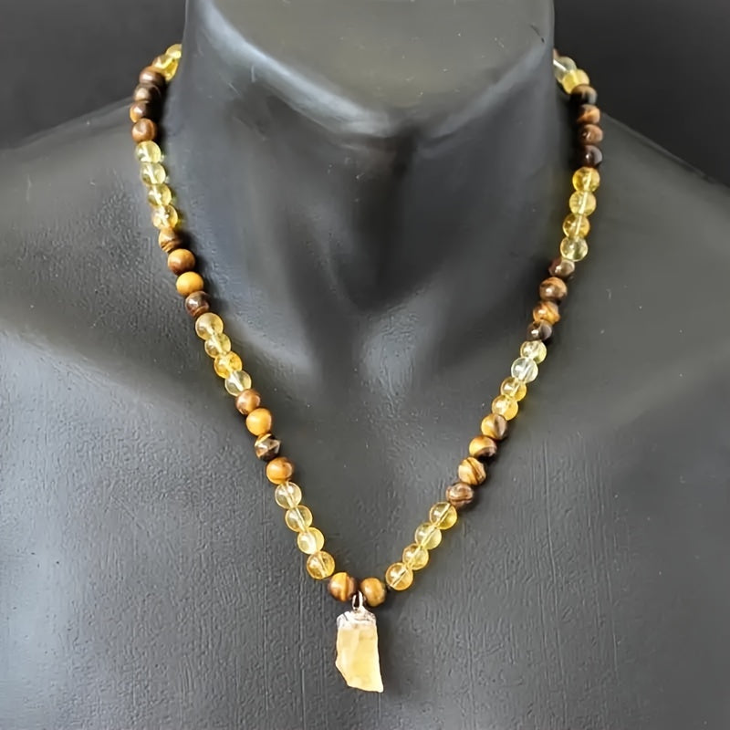 Handmade Adjustable Bead Necklace with Raw Stone Pendant - Boho Style Christmas Gift for Spiritual Energy & Mindfulness