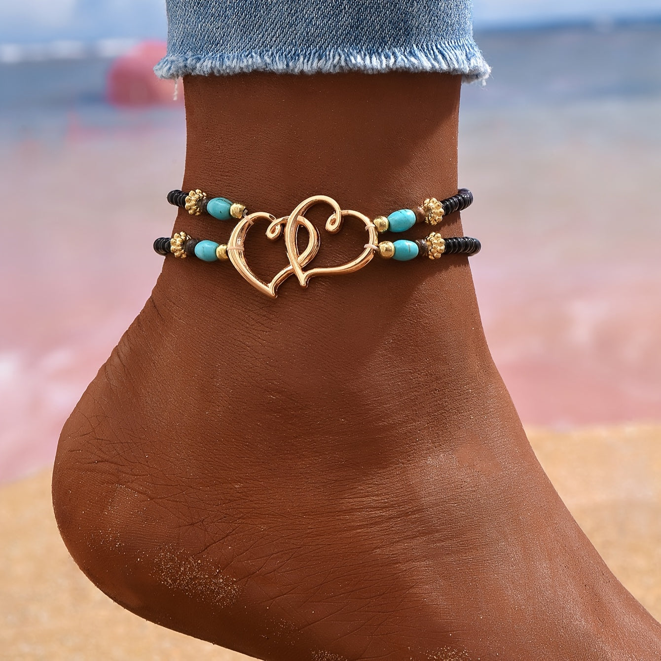 1 Ladies Double Layer Bead Heart Anklet - Pure Energy & Romantic Charm for Daily Wear