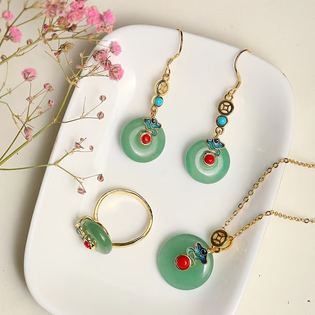 Vintage Peace Buckle Earrings Set with Natural Stone - Grounding, Elegant Jewelry for Women's Harmony & Style