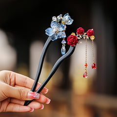Handmade Recycled Wood Glazed Flower Hairpin - Blue Floral Hairpin with Teardrop Accents for Cheongsam & Hanfu - Traditional Chinese Hair Accessory with Positive Energy