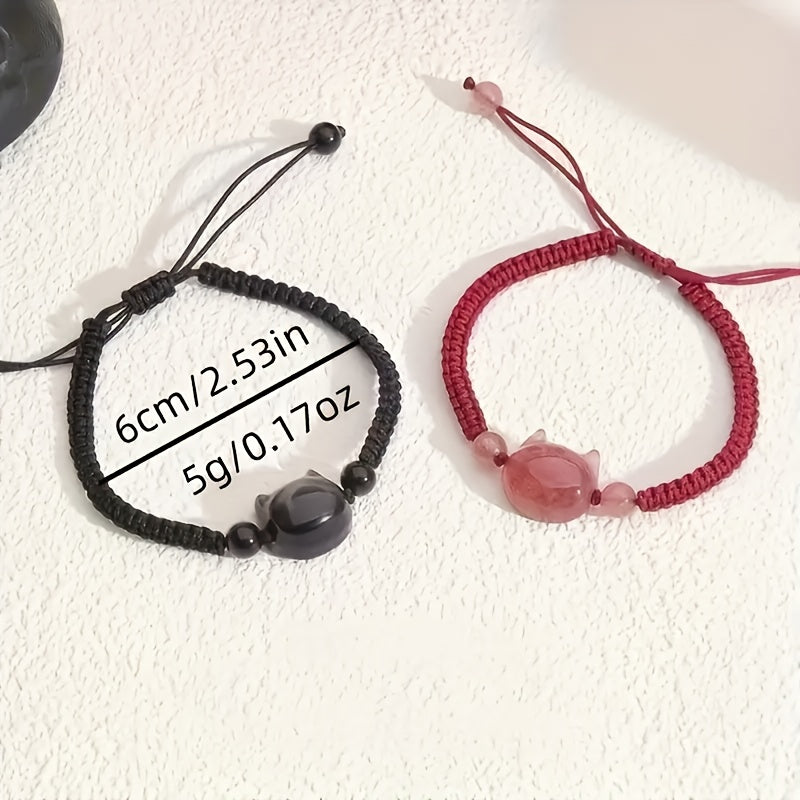 Adjustable Cat Charm Bracelet - Black & Red Beads with Pink Crystal for Harmony Energy