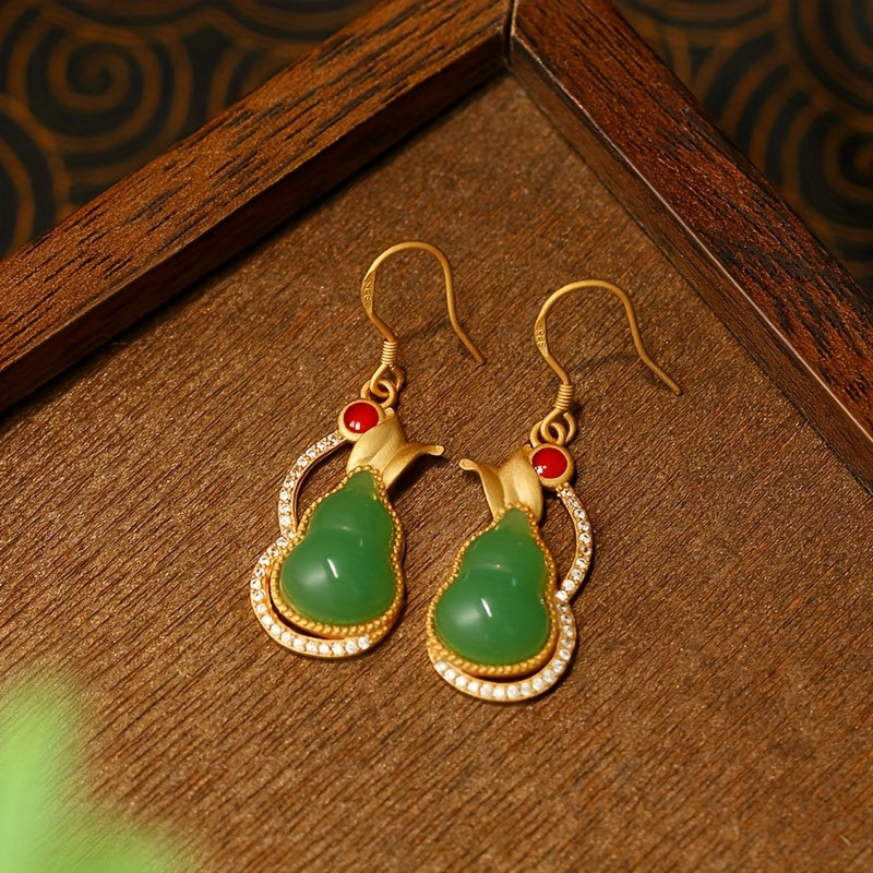 Golden Gourd-Shaped Earrings with Green Stone - Harmonious Energy for Special Occasions