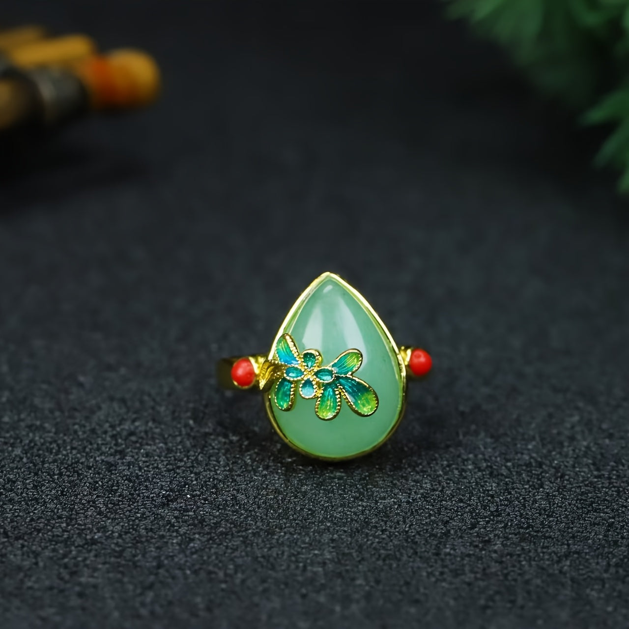 Green Jade Teardrop Ring with Enamel Flower | Natural Stone Jewelry for Emotional Balance & Prosperity