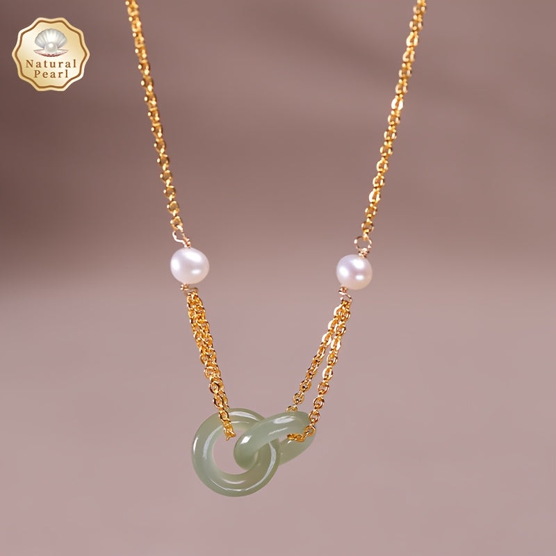 Natural Stone Necklace - Green Freshwater Pearls & Interlocking Rings for Harmony & Protection