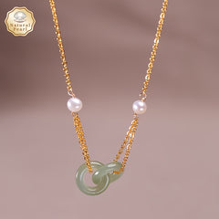 Natural Stone Necklace - Green Freshwater Pearls & Interlocking Rings for Harmony & Protection
