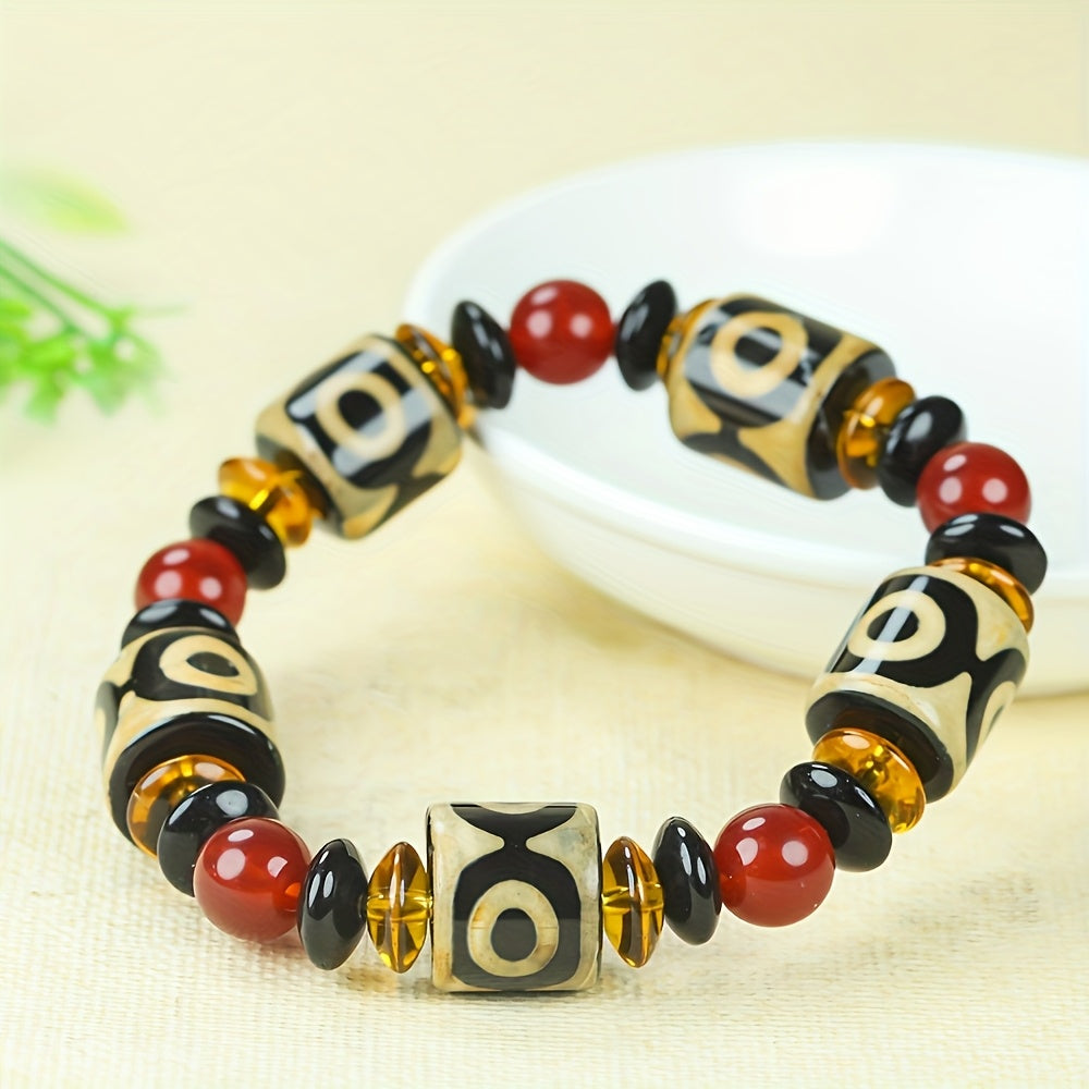 Three-Eyed Dzi Bead Bracelet for Spiritual Protection, Inner Peace, and Energetic Balance