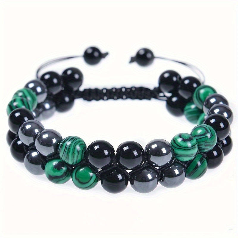 Handcrafted Green Malachite Double-Layer Braided Bracelet - Sporty Natural Stone Fashion with Energy Balancing
