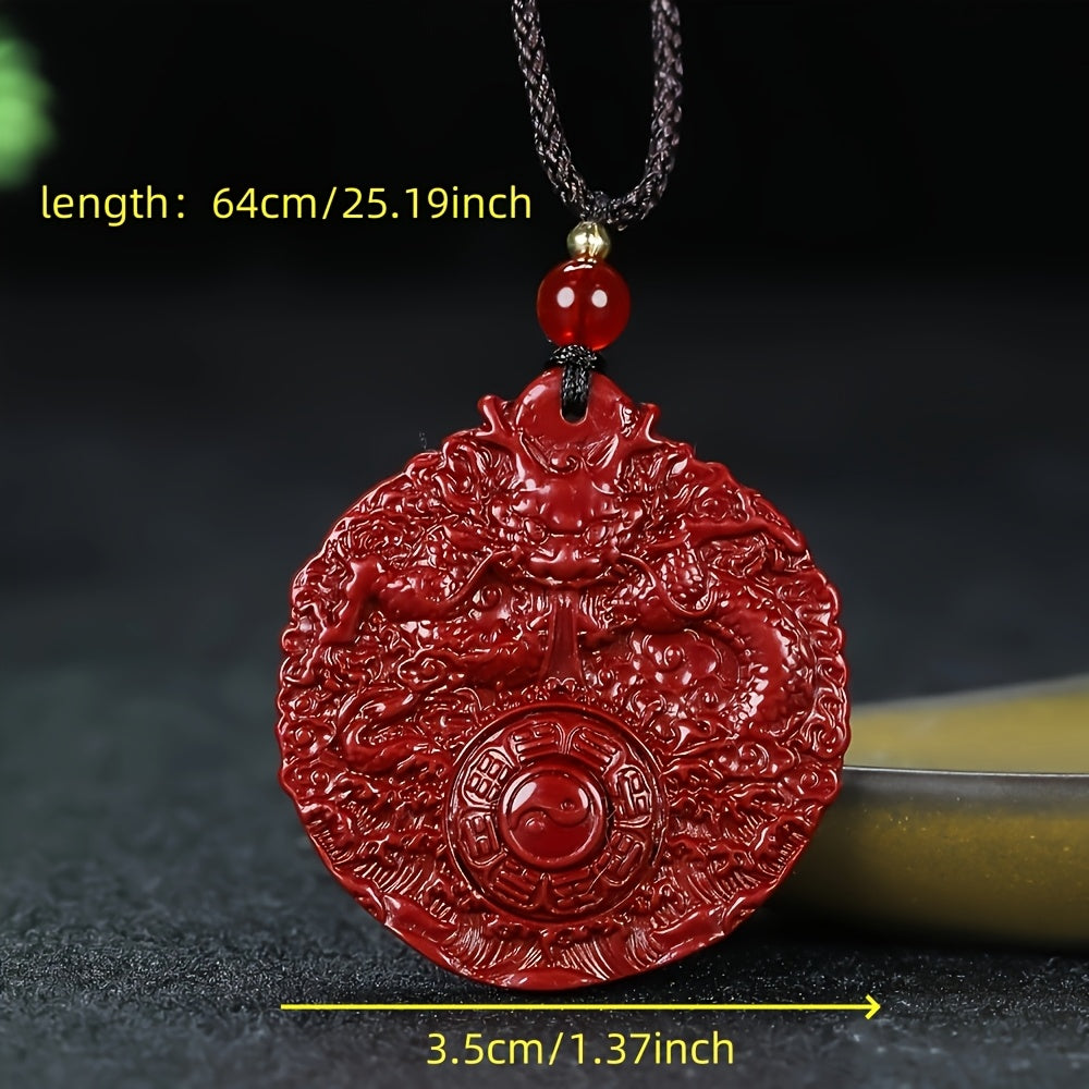Protective Cinnabar Dragon Amulet Necklace for Men, High-Content Red Cinnabar Pendant with Bagua