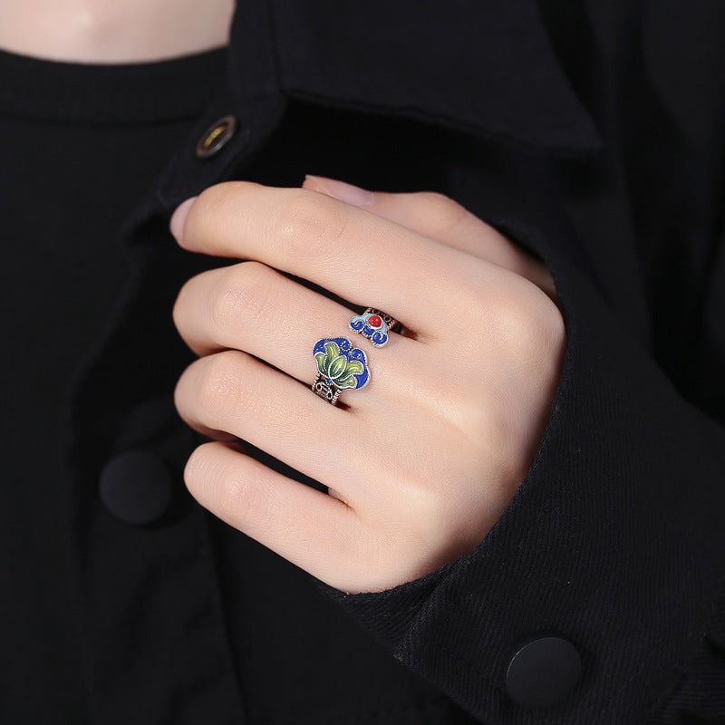 Vintage Bohemian Lotus Flower Ring for Women - Blue/Green/Red Floral Design with Energy Healing & Spiritual Protection