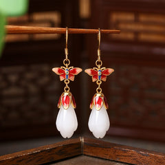 Women's Chinese Auspicious Cloud & Butterfly Earrings - Enamel Retro Imitation Jade for Elegant Parties & Weddings