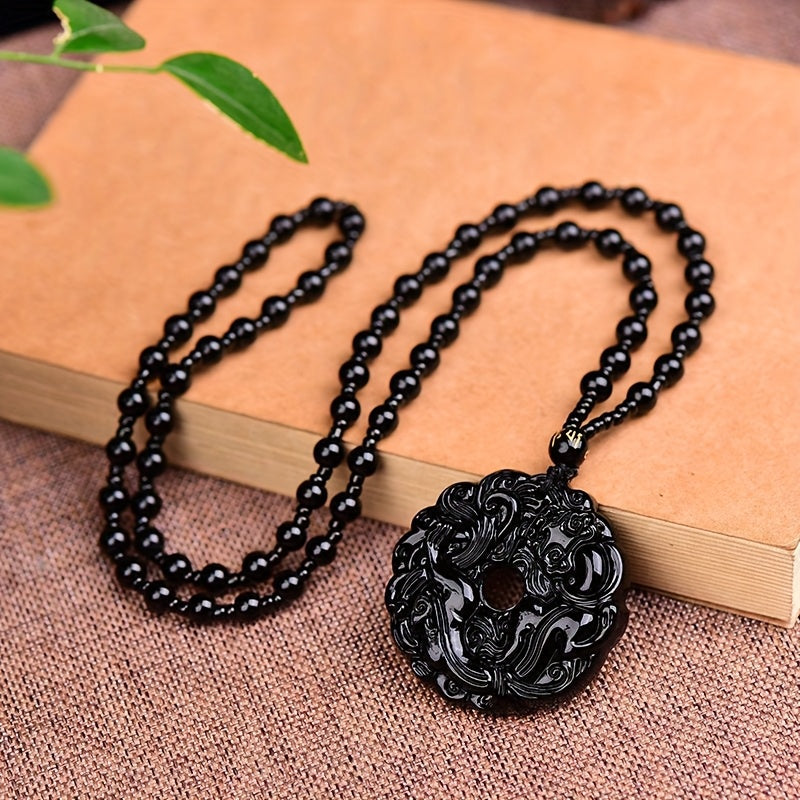 Black Carved Pendant Necklace - Elegant Long Sweater Chain for Good Luck and Christmas Gift