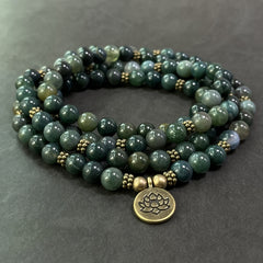 108 Moss Agate Mala Beads - Bohemian Style for Inner Peace & Holiday Gifts