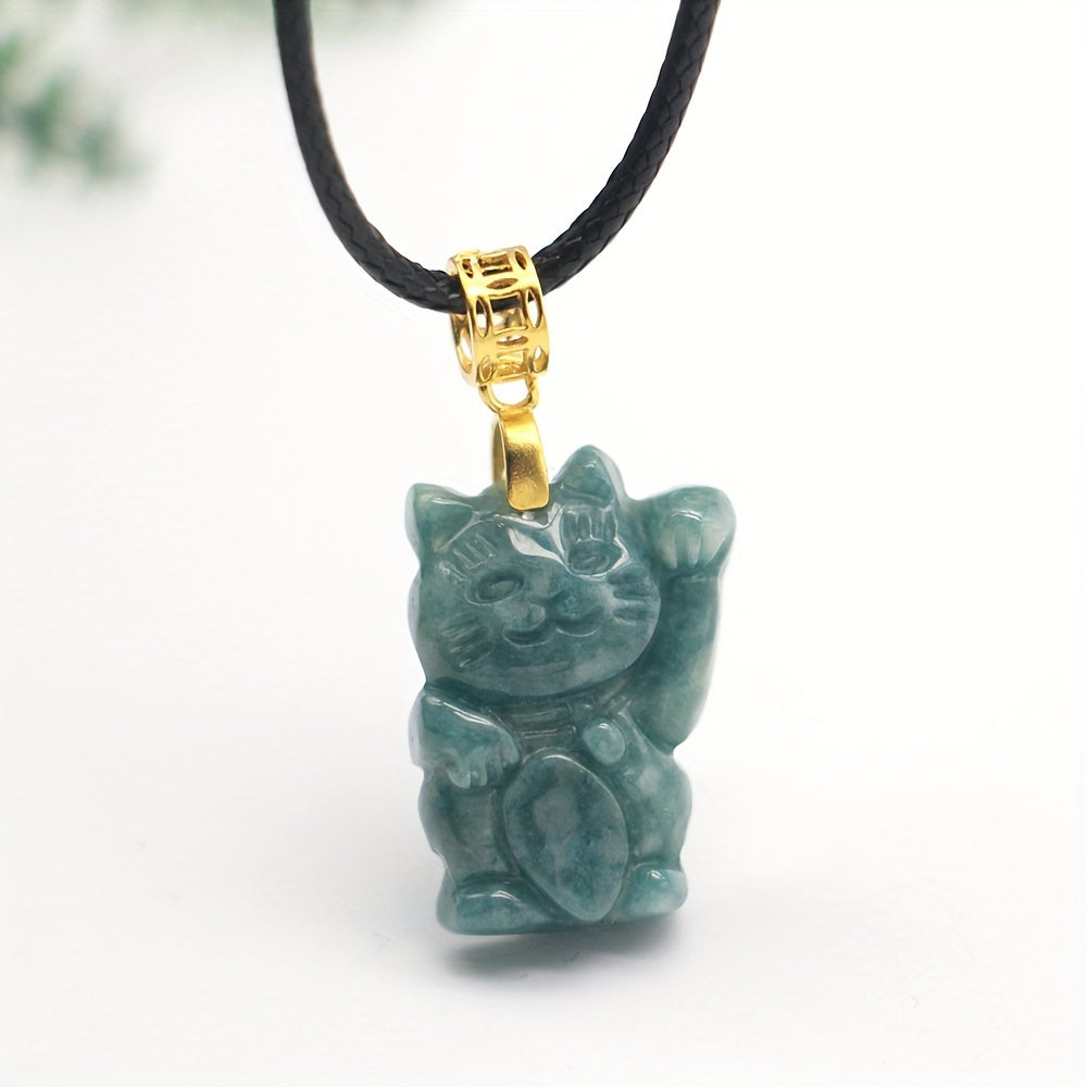 High-Grade Green Aventurine Beckoning Cat Pendant Necklace for Prosperity, Luck, and Positive Energy