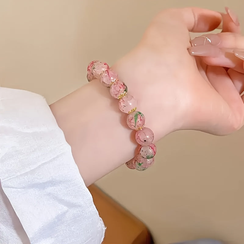 1pc Sweet & Cute Cherry Blossom Glass Bead Butterfly Bracelet - Pink & Green Bohemian Design for Daily Wear & Mindful Living