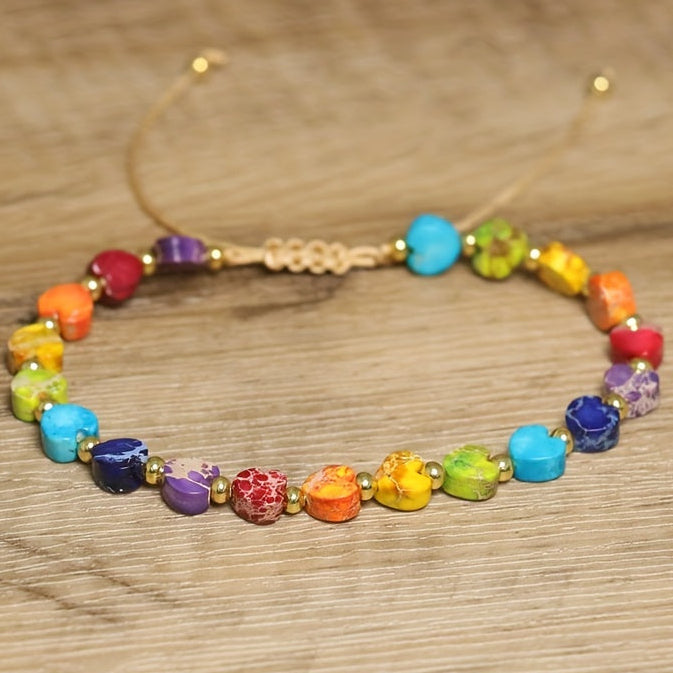 Boho Vacation Rainbow Stone Beaded Bracelet - Adjustable Natural Gemstone Energy Healing Jewelry for Daily Wear
