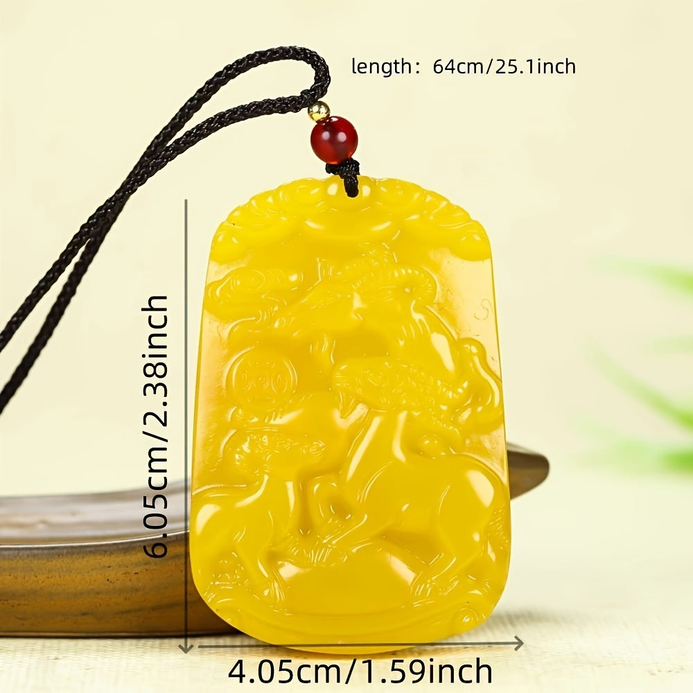 Yellow Jade Pendant with Three Sheep Charm - Unisex Amulet for Good Fortune and Harmony
