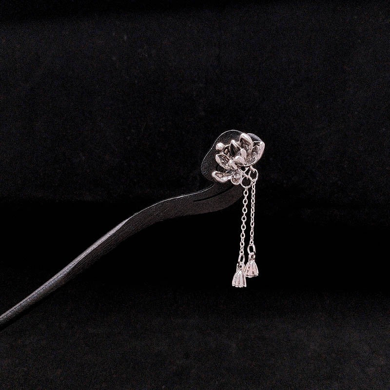 Wood Hairpin with Silver Lotus & Bell Accents - Ancient Style Pan Hair Accessories for Mindful Adornment