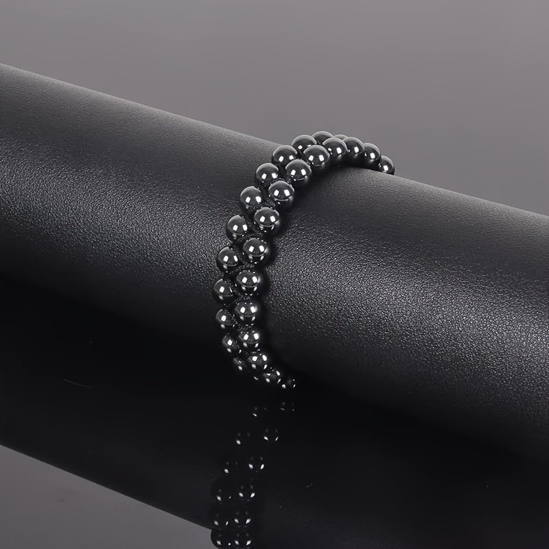 1pc Double Layer Handmade Adjustable Hematite Bracelet - Natural Stone Beads with Textured Surface for Energy Balancing