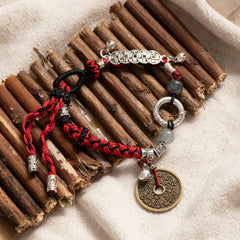 Vintage Chinese Red Rope Energy Bracelet with Feng Shui Coins & Protection Amulet – Wealth, Harmony & Spiritual Balance