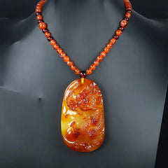 Natural Amber Dragon Pendant Necklace for Men - Uncoated Baltic Amber with Red Beads, Spiritual Protection & Masculine Energy