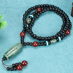 Tibetan Black Agate Necklace with Green Dzi Bead for Protection, Wealth, and Spiritual Balance