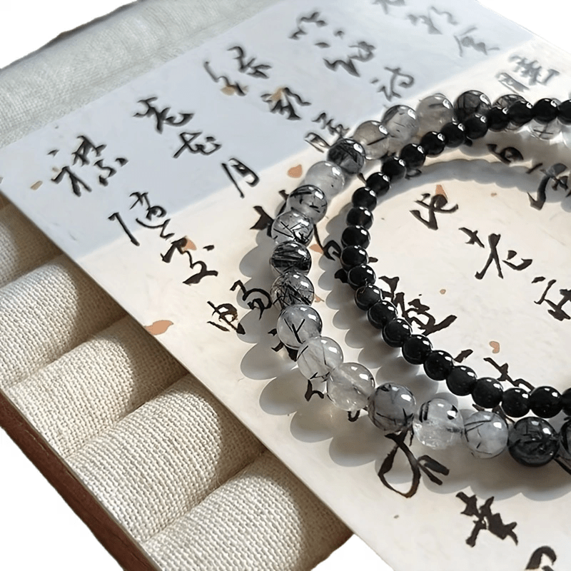 Chinese Style Double Ring Bracelet - Elegant Black & Clear Resin Beads with Silver Accents for Daily Wear & Gifting