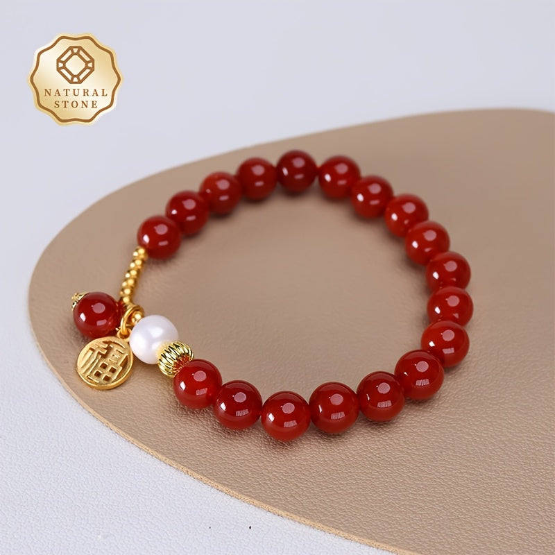 Women's Elegant Natural Agate Bead Bracelet with Freshwater Pearls - Red Agate for Vitality & Protection - Sophisticated Daily Wear