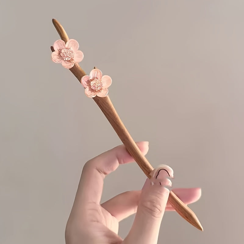Elegant Vintage Mahogany Blossom Hairpin - Chinese Style Floral Hair Clip with Pink Blossoms & Green Leaves for Weddings & Daily Use