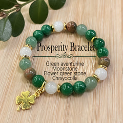 Green Aventurine & Chrysocolla Beaded Bracelet - Four-Leaf Clover Charm for Prosperity & Vintage Bohemian Style